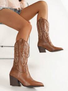 女性西部風格繡花尖頭粗跟高筒靴，牛仔靴款 - 棕色 - 查看 3