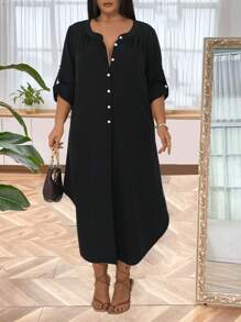Calvaya Plus Button Front Roll Up Sleeve Dress For Summer - Black - View 5