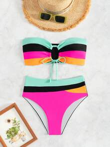 SHEIN Swim Bộ bikini sọc khoét rỗng dành cho nữ đi biển mùa hè, bộ đồ bơi hai mảnh Áo tắm - Nhiều màu - Xem 5
