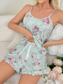 女士短款睡衣套裝，浪漫花卉印花 - 彩色 - 查看 3