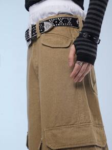 Manfinity Denimwave Shorts en jean avec poches multiples pour homme, coupe ample de vêtements de travail streetwear, mi-longueur - Kaki - Voir 5