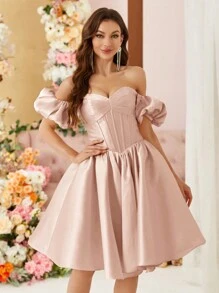 SHEIN Belle 女士纯色露肩短款泡泡袖优雅鸡尾酒会礼服舞会半正式婚礼宾客礼服，适合生日、毕业典礼、返校节 - 粉色 - 查看 3