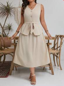 SHEIN Frenchy Vestido Longo Plus Size com Laço e Costas Lace-Up, Estilo 2 em 1, Férias, Tecido de Linho Confortável e Respirável, Estilo Francês para Vestidos Femininos de Verão - Damasco - Visão 1