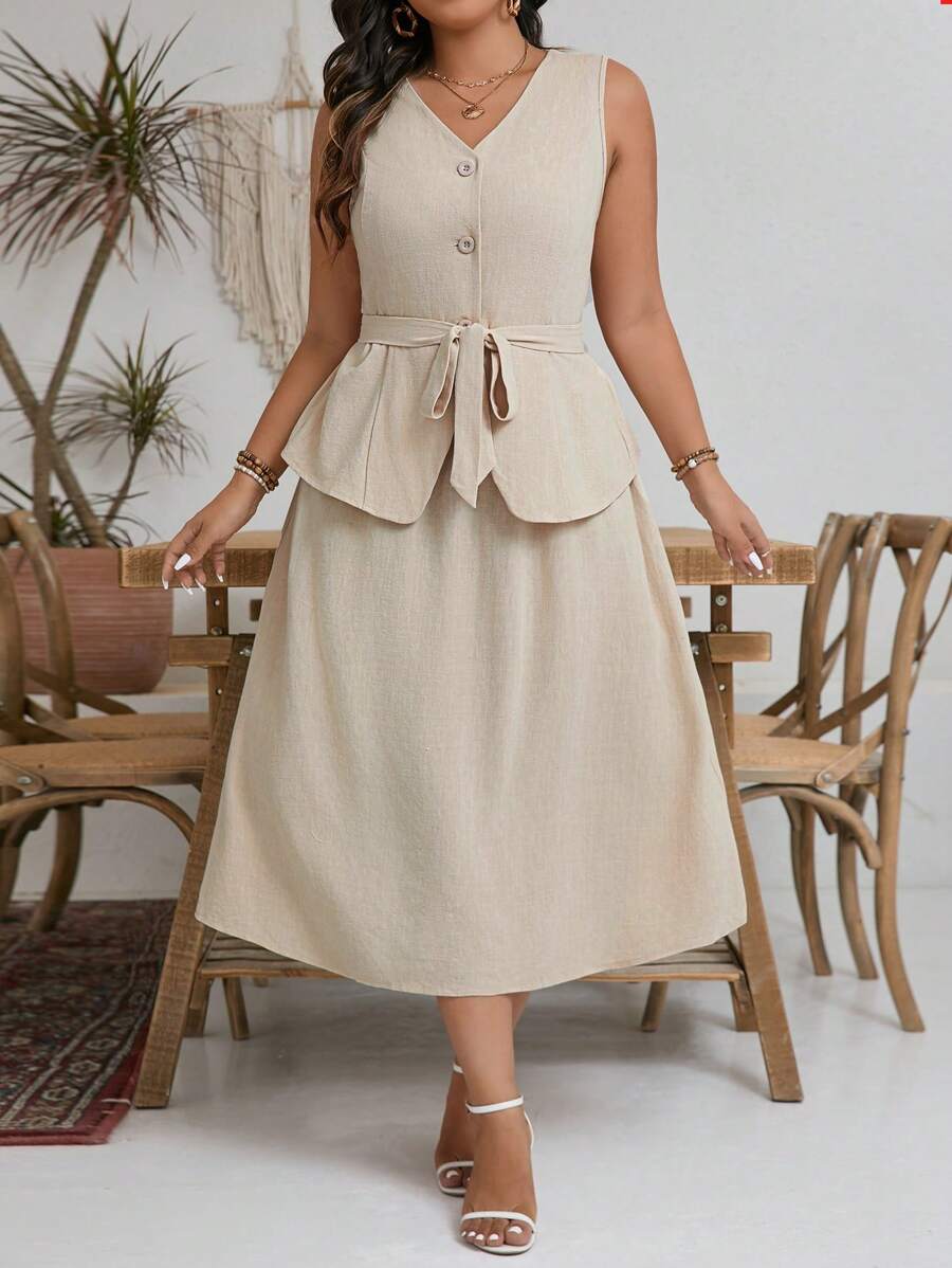 SHEIN Frenchy Vestido Longo Plus Size com Laço e Costas Lace-Up, Estilo 2 em 1, Férias, Tecido de Linho Confortável e Respirável, Estilo Francês para Vestidos Femininos de Verão - Damasco - Visão 1