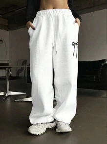 INAWLY Quần ống rộng in hình nơ thắt lưng thông thường dành cho nữ - trắng - Xem 5