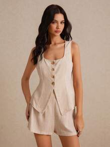 Poéselle 夏季亚麻西装两件套商务休闲套装面料舒适透气适合日常通勤出街穿女夏季休闲纯色背心短裤套装两件套秋冬短款套装 - 卡其色 - 查看 5