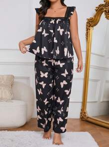 Große Größen- Pyjama Set mit Schmetterling Muster, Quadratisch-Ausschnitt und Spitzenverzierung