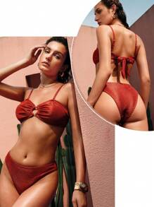 MOTF PREMIUM SUMMER BEACH SOLID RIB-KNIT O-RING RUCHED BUST BIKINI SET - Multicolor - View 8