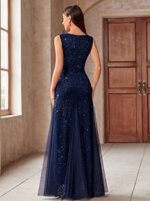 MIUSOL Elegant Women's Sweetheart Neck Sequin Floral Lace Navy Blue Mermaid Maxi Dress, Sleeveless Contrast Mesh Hem, For Formal Wedding Guest Gown, Prom, Evening Party, Graduation, Dinner - 藏蓝色 - 查看 2