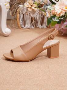 女款露趾後背帶厚跟涼鞋，簡約休閒棕色皮革高跟鞋 - 摩卡棕 - 查看 7