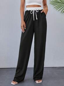 EURMUSE Women Drawstring Waist Wide Leg Pants - Black - View 7