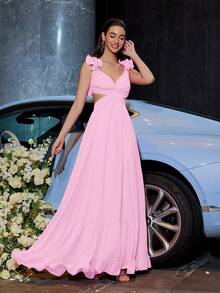 雪纺交叉带露背褶饰荷叶边下摆隐形拉链大摆晚礼服优雅正式婚礼宾客礼服，适合毕业典礼、晚宴派对礼服 - 粉色 - 查看 6