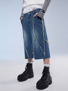 Manfinity Roghcode Men's Casual Denim Shorts With Raw Hem And Patch Pockets, Street Style - Dark Wash - View 3