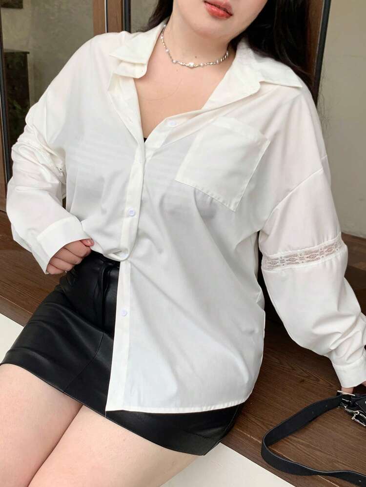 Dazy Plus Plus Size Solid Color Loose Fit Shirt With Lace Collar And Long Sleeves,Fall Clothes
