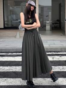 DAZY 纯色抽绳腰褶裙 - 灰色 - 查看 2