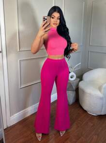 SHEIN SXY Low Waist Solid Flare Leg Skinny Suit Pants Party Sexy Elegant Date Night Party In Fall/Winter - Hot Pink - View 5
