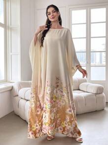 Yasmyna Váy Kaftan tay cánh dơi in hoa, váy Ả Rập dài tay giản dị - Màu be - Xem 6