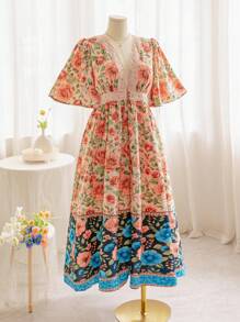 Soleia Plus Size Women's Floral Splice Contrast Graphic Print Maxi Festival Boho Beach Shirt Dress