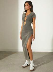 Denimoi Plunge Neck Maxi Summer Dress With Side Slit - Grey - View 5