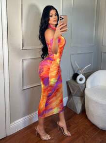 SHEIN SXY Vestido elegante de verano de malla ajustada con un hombro, fruncido y estampado en tie-dye - Multicolor - Ver 4