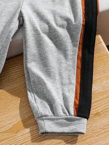 SHEIN 嬰兒男女色塊拼接圓領套頭衫短褲套裝，休閒款式 - 灰色 - 查看 5
