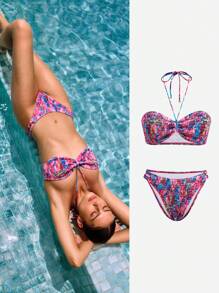 MOTF PREMIUM SUMMER BEACH ALLOVER PRINT SHIRRED HALTER NECK BIKINI SET - Multicolor - View 7