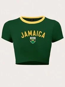 Flirla Áo thun ngắn tay in họa tiết Jamaica cho mùa hè - xanh quân đội - Xem 3