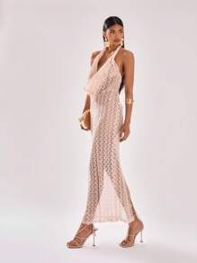 MUSERA Sexy Sheer Halter Cowl Neck Maxi Dress Summer Vacation Spring Beach Wedding Guest, Elegant, Date Night, - Apricot - View 5