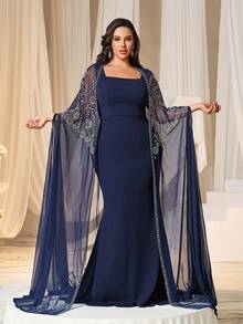 Faeriesty Curve Plus-Size Women's Formal Evening Dress With Heart Neckline, Mermaid Hem & Sequined Cape – Perfect For Wedding Banquets, Charity Galas, Corporate Dinners, Award Ceremonies - Navy Blue - View 7