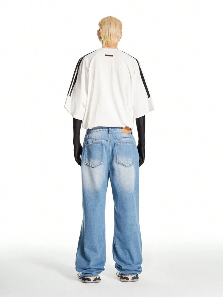 Men's Light Blue Distressed Wide-Leg Straight Jeans