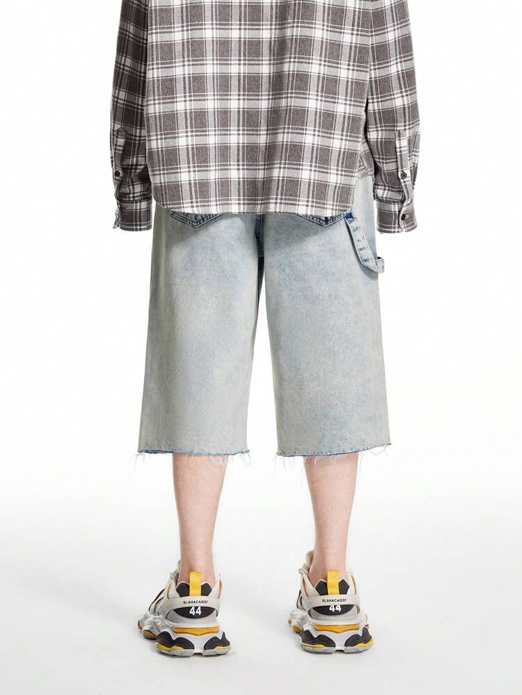 Men's Light Blue Vintage Washed Denim Distressed Loose Fit JORTS Shorts