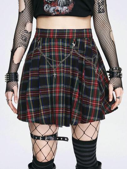 Grunge Punk Women's Punk Metal Weave Belt Decoration Plaid Pleated Skirt