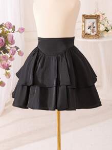 SHEIN Tween Girl Loose Casual Elegant Black Drawstring Waist Flare Hem Midi Skirt - Black - View 8