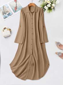 SHEIN LUNE Simple Casual Solid Button Front Shirt Dress - Coffee Brown - View 4