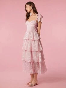 Enchnt 花卉提花帶肩層疊襬鬆緊罩衫連身裙 - 淺粉色 - 查看 5