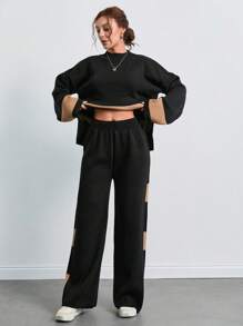 SHEIN Tall Women's Color Block Knitted Sweater Two Pieces Set, Tall Women - Black - View 6