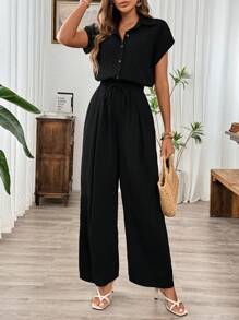 Calvaya Summer Casual Linen Black Jumpsuit With Elastic Waist And Wide-Leg Pants - Black - View 4