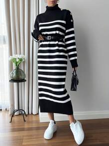 EURMUSE Women's Knitwear Dress With Gold Coloured Buttons - Black and White - View 1