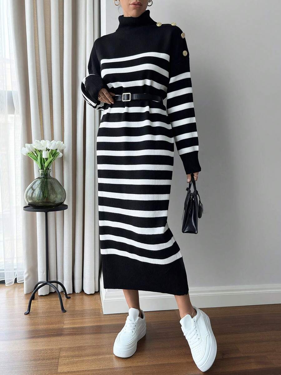 EURMUSE Women's Knitwear Dress With Gold Coloured Buttons - Black and White - View 1