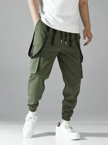 Men's Drawstring Waist Contrast Tape Casual Cargo Pants - Army Green - View 5