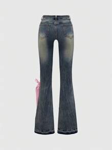ROMWE J-Fashion Y2K Lace-Up Vintage Low Rise Flared Women's Jeans With Distressed Details, School - Grey - View 3