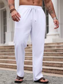 Manfinity Homme Pantalon décontracté pour homme avec cordon de serrage à la taille, jambe droite et coupe ample de couleur unie - Blanc - Voir 4