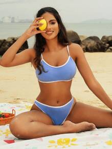 SHEIN Swim 女士夏季沙滩撞色装饰户外运动比基尼套装，两件套泳衣 - 藍色 - 查看 4