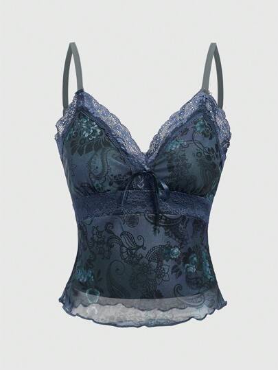 Fairycore كامي توب بدانتيل يومي بلون سادة للنساء