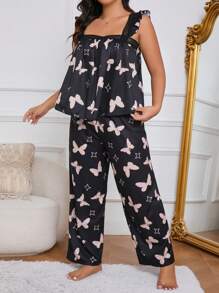 Große Größen- Pyjama Set mit Schmetterling Muster, Quadratisch-Ausschnitt und Spitzenverzierung