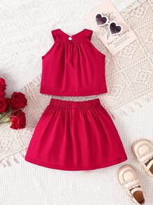 SHEIN Baby Mädchen 2-teiliges Set für den Sommer, rotes Baumwoll-Neckholder-Top mit Dekor und Blumen verzierter Rock