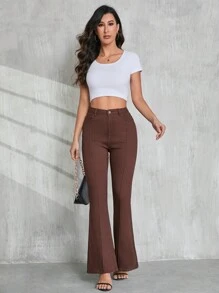 SHEIN Tall Women Jeans Brown Skinny Flared Pants Casual Fashion Street Back To School Flare Leggings  Summer Outfits Fall Women Clothes Back To School Outfits Teacher Outfits Halloween - Brown - View 3