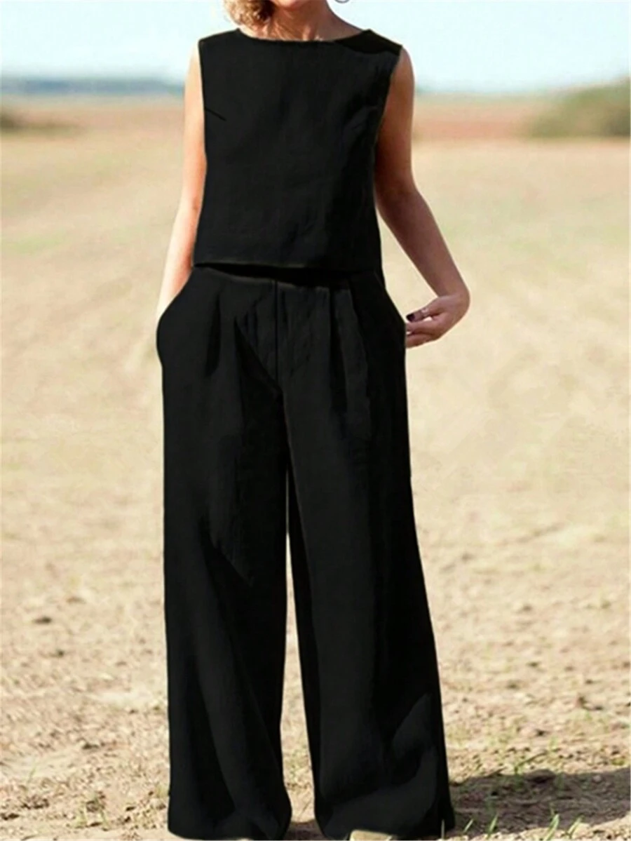 Simple Solid Color Casual Pants & Tank Top Two Pieces Set Black Summer - Black - View 1
