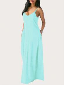 INAWLY Váy dây đeo spaghetti màu thường ngày mùa hè dành cho nữ - Màu xanh nhạt - Xem 4