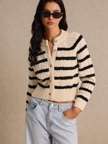 Poéselle Women Clothes, Fall Clothes, Women Sweaters, Striped Cardigan, Women Vintage Fisherman Knits Stripe Twist Cardigan, Faux Horn Button Detail, Extra Thickness Comfy Cardigan Sweater Heavy Knitwear, Extra Workmanship, Fall Winter Clothes, Effortless Chic Essential, Bon Chic Bon Genre, Bridgerton, Long Sleeve Tops